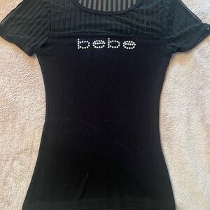Bebe Black Sheer Striped Tee with Embellished Logo